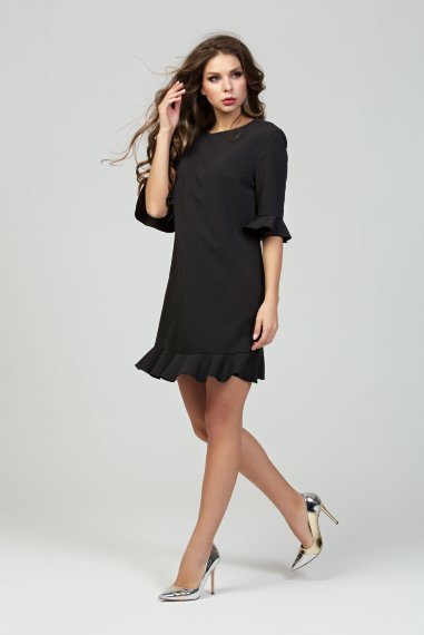 Черное короткое платье с воланом по низу - 2