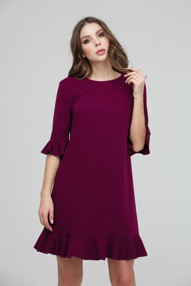 Бордовое короткое платье с воланом по низу - 2
