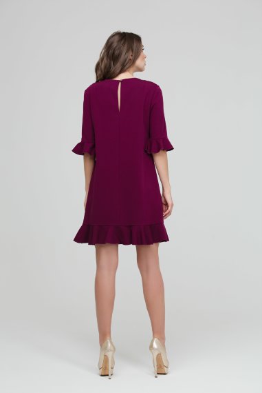 Бордовое короткое платье с воланом по низу - 3