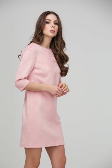 Розовое короткое платье прямого силуэта из искусственной замши - 2